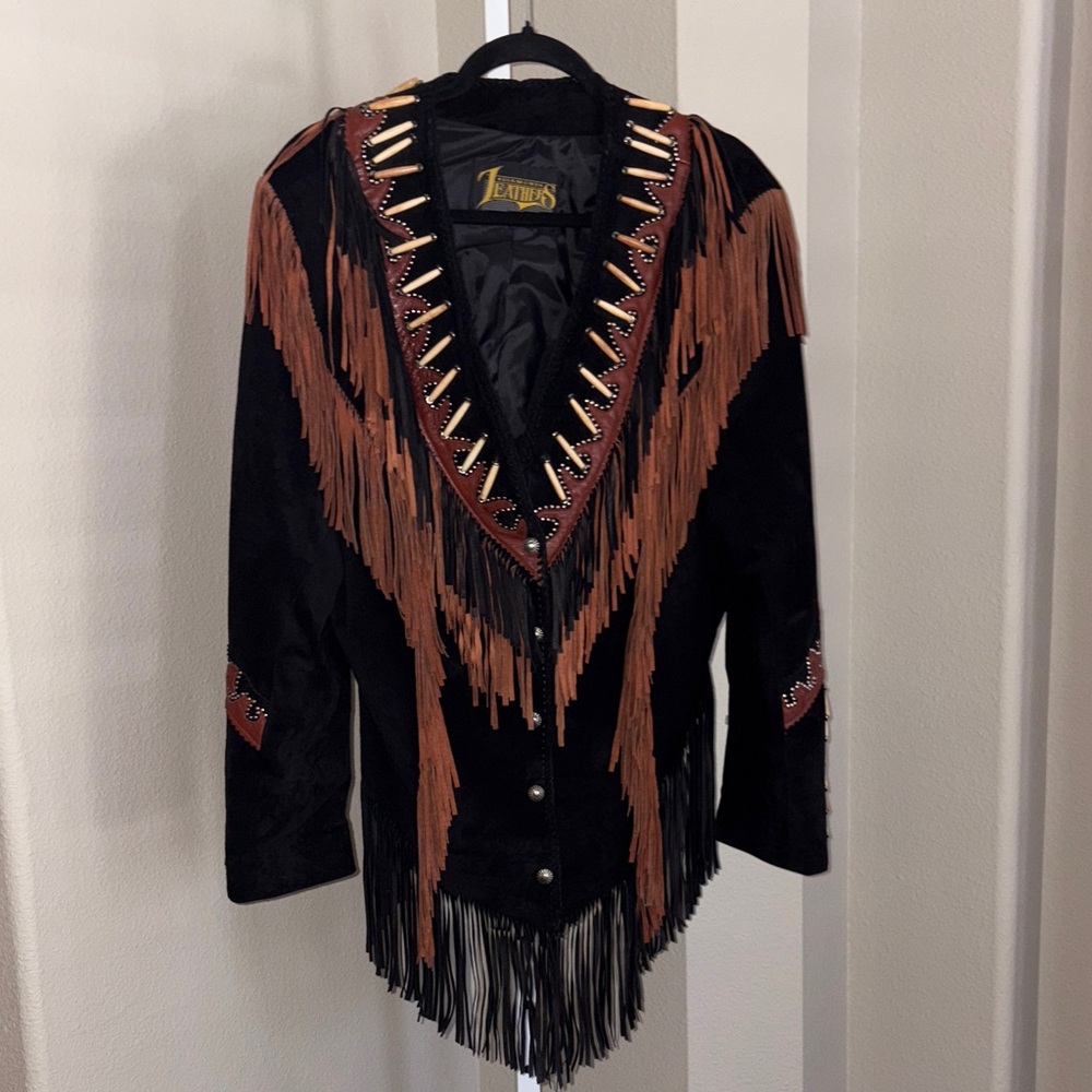 Suede Leather Western Fringe Jacket Black and Brown